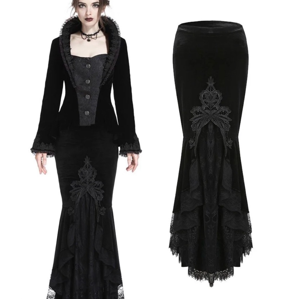 Dark In Love Black Velvet Gothic Mermaid Maxi Skirt with Lace Appliqué
